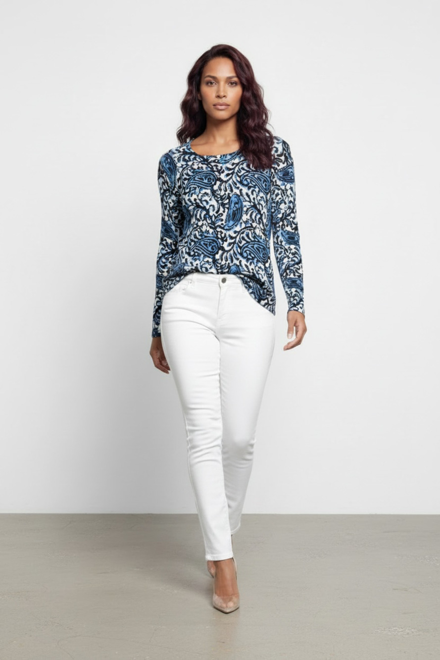 Michael Kors Paisley Sweater Size L Blue White Long Sleeve Crewneck